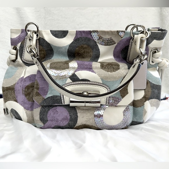 RARE COACH KRISTIN OP ART SEQUIN CANVAS/LEATHER  SATCHEL HOBO HANDBAG - Picture 1 of 4